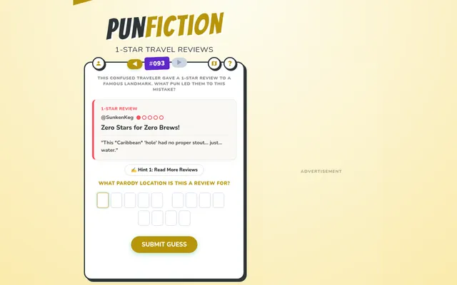 PunFiction 1-Star Travel Reviews #093: a one-star review titled Zero Stars for Zero Brews, a hint button and letter boxes for the parody location