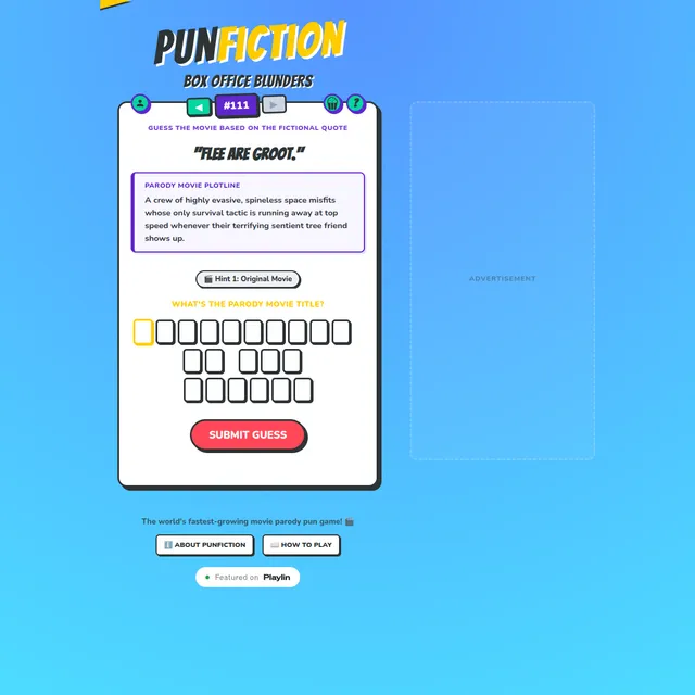 PunFiction Box Office Blunders challenge #111: a punned film quote in bold comic lettering, a parody plotline box, a Hint 1: Original Movie button, empty letter boxes for the parody title and a red Su