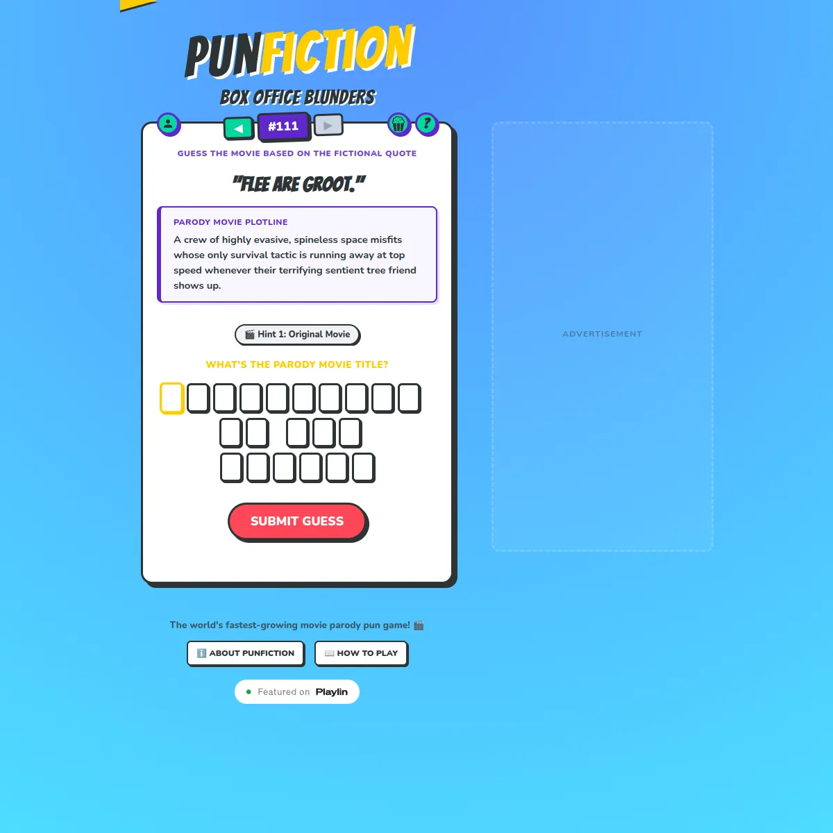 PunFiction Box Office Blunders challenge #111: a punned film quote in bold comic lettering, a parody plotline box, a Hint 1: Original Movie button, empty letter boxes for the parody title and a red Su