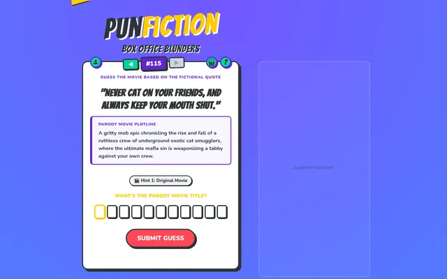 PunFiction Box Office Blunders #115: a punned film quote, a parody plotline about cat smugglers, a hint button, empty letter boxes for the parody title and a Submit Guess button
