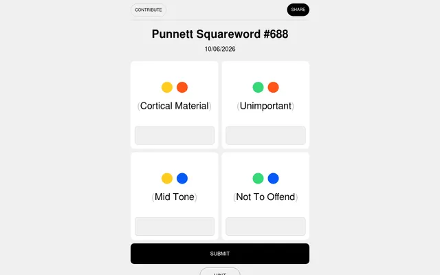 Punnett Squareword #688 for 10/06/2026: four squares, each with two coloured dots, a clue such as Cortical Material or Not To Offend, and an answer box