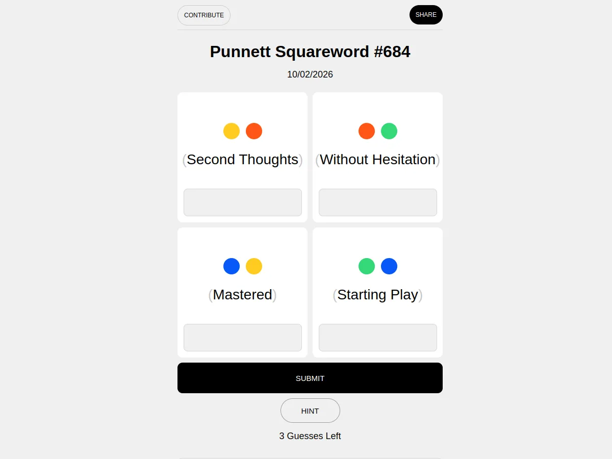 Punnett Squareword #684: four squares, each with two coloured dots and a clue such as Second Thoughts and Mastered