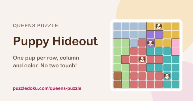 Puppy Hideout share image: an 8x8 colour-region board with puppies placed in it beside the title and its rules