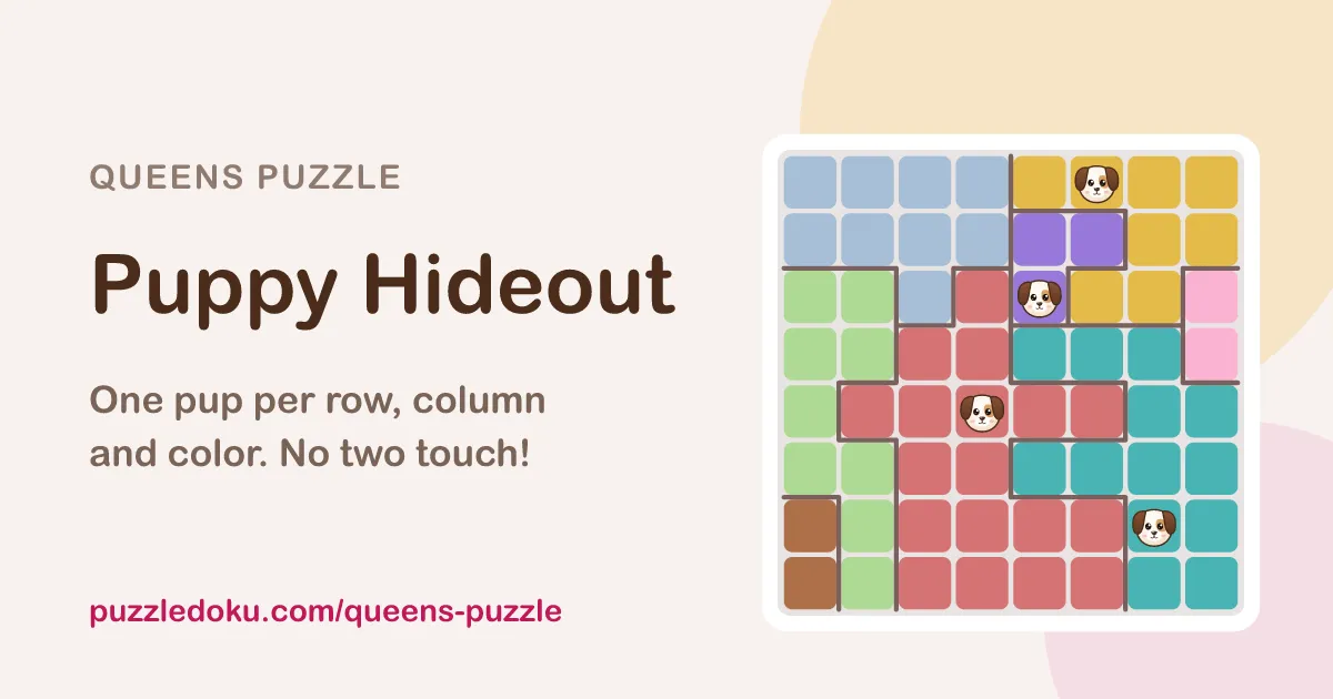 Puppy Hideout share image: an 8x8 colour-region board with puppies placed in it beside the title and its rules