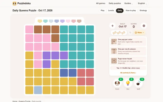 The Puppy Hideout daily board for Oct 17, 2026: an empty 8x8 grid of colour regions with the rules panel, three bones and the Fetch, Hint and Sniff items