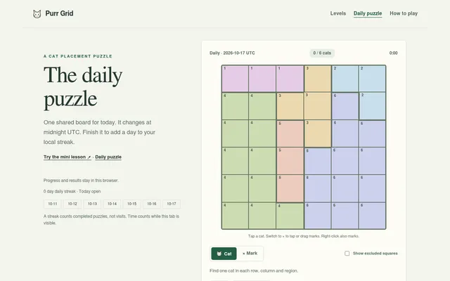 The Purr Grid daily puzzle for 2026-10-17: an empty 6 by 6 board of six coloured numbered regions, with the streak and last seven days beside it