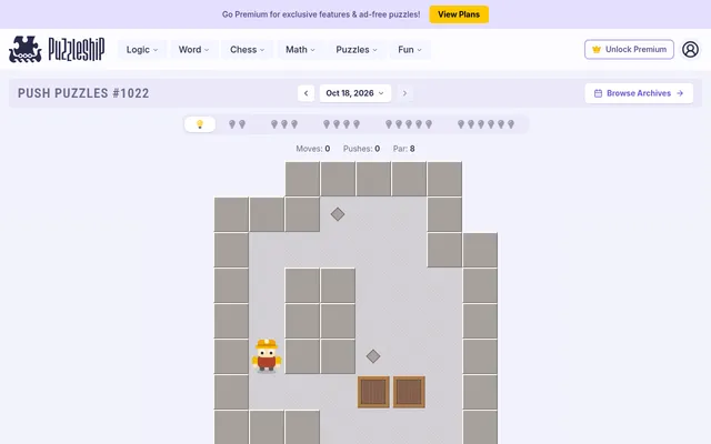 Push Puzzles #1022 for 18 October 2026 on a desktop: the very easy warehouse with the worker, two wooden crates, two goal markers, six difficulty tabs and a par of 8 pushes