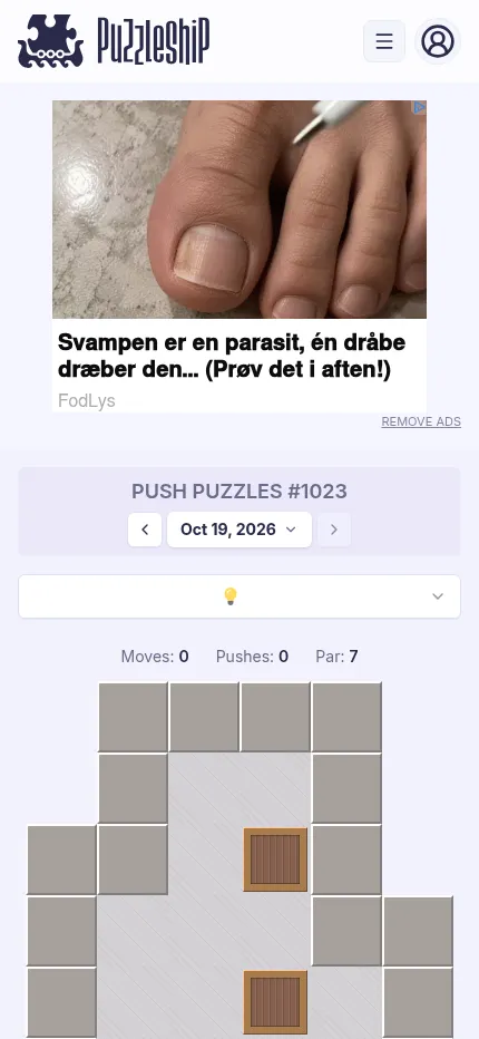Push Puzzles #1023 at phone size: a native ad card above the date picker, the difficulty menu, the par of 7 and the top of the very easy warehouse with two crates