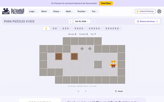 Push Puzzles #1023 for 19 October 2026 on a desktop: the very easy warehouse with the worker, two wooden crates, two goal markers, six difficulty tabs and a par of 7 pushes