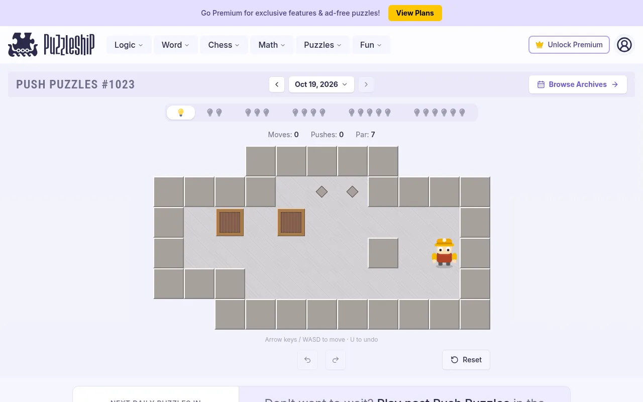 Push Puzzles #1023 for 19 October 2026 on a desktop: the very easy warehouse with the worker, two wooden crates, two goal markers, six difficulty tabs and a par of 7 pushes