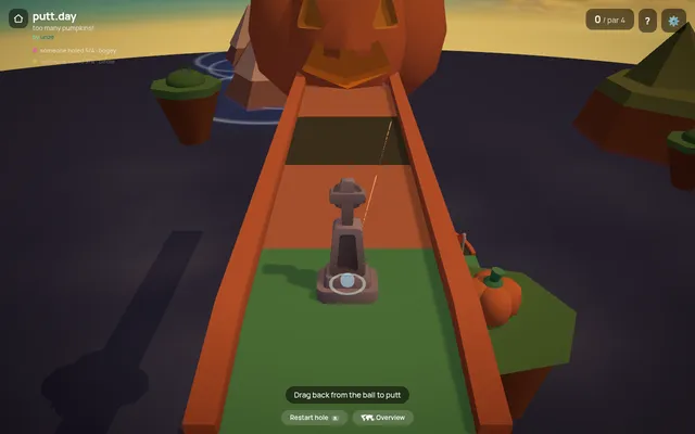 putt.day hole No. 170, too many pumpkins by unze, par 4: the ball on a tombstone tee at the foot of an orange ramp leading to a giant jack-o'-lantern, with pumpkins beside