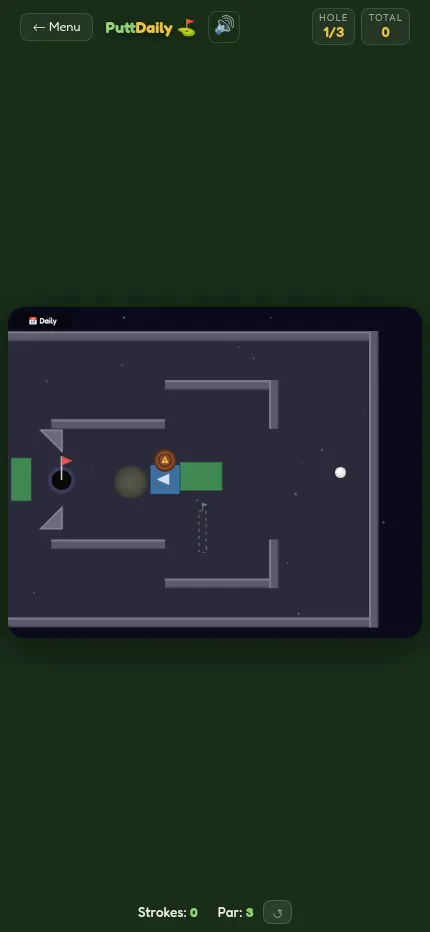 PuttDaily at phone size: the same daily hole 1 of 3 with the stroke count and par shown under the board