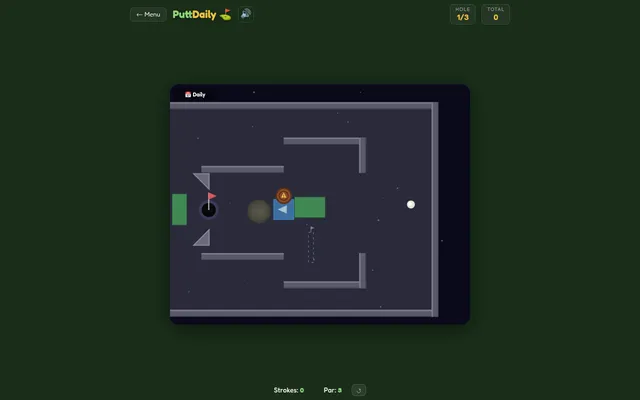 PuttDaily daily course hole 1 of 3 (21 Oct 2026): a ball on a dark walled green, a booster arrow, a crate and the flagged cup on the left, par 3