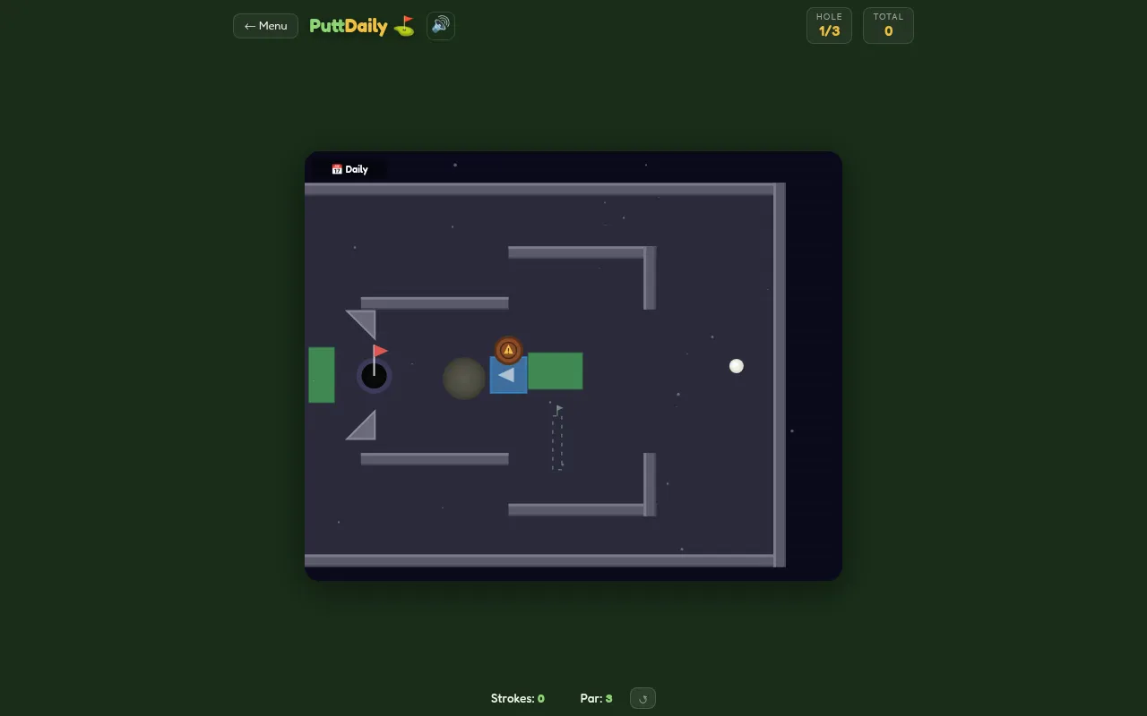 PuttDaily daily course hole 1 of 3 (21 Oct 2026): a ball on a dark walled green, a booster arrow, a crate and the flagged cup on the left, par 3