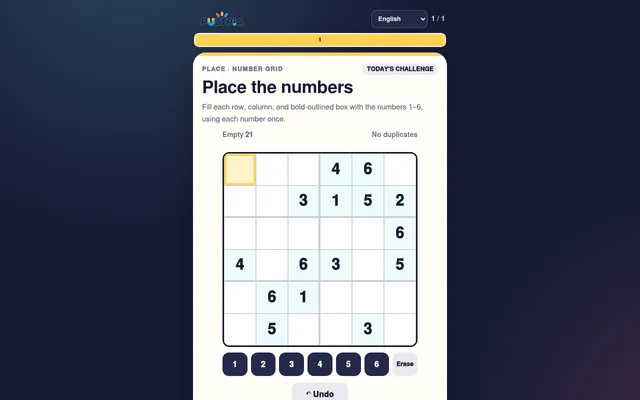 PUZTRIA's Today's Challenge on 7 October 2026: a Place the numbers 6x6 grid with 21 empty cells, number buttons 1 to 6, Erase and Undo