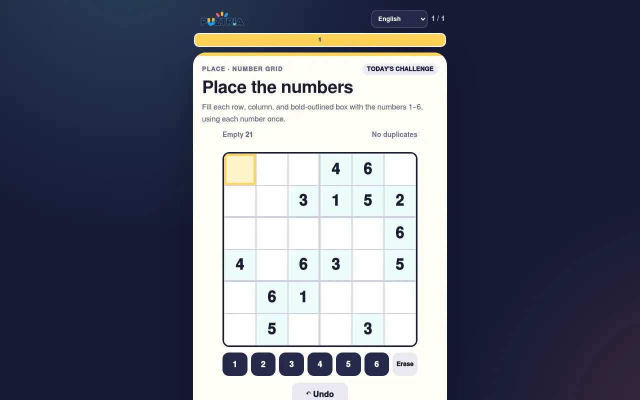 PUZTRIA's Today's Challenge on 7 October 2026: a Place the numbers 6x6 grid with 21 empty cells, number buttons 1 to 6, Erase and Undo