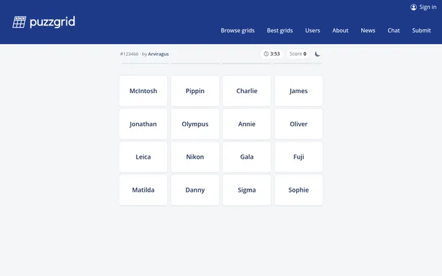 PuzzGrid's Grid of the day #123466 by Arviragus: sixteen tiles such as McIntosh, Pippin, Leica, Nikon and Matilda to sort into four groups, with the timer and score