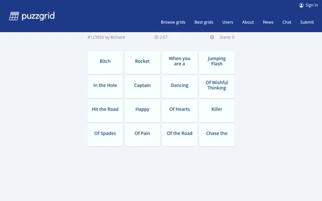 PuzzGrid's Grid of the day #123926 by Richard on 20 October 2026: sixteen tiles such as Hit the Road, Captain, Of Hearts and Killer, with a 3-minute timer and the score