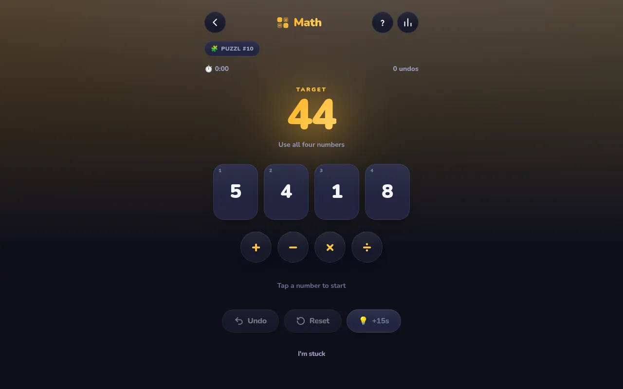 Puzzl #10 Math: target 44 to make from the numbers 5, 4, 1 and 8, with plus, minus, times and divide buttons, Undo, Reset and a hint