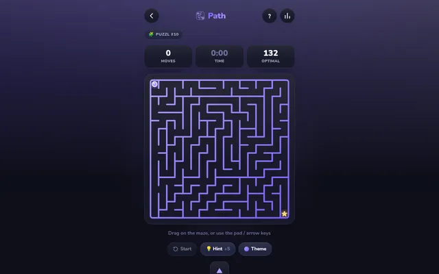 Puzzl #10 Path: a purple square maze with the dot at top-left and a star at bottom-right, with moves, time and an optimal count of 132 above it
