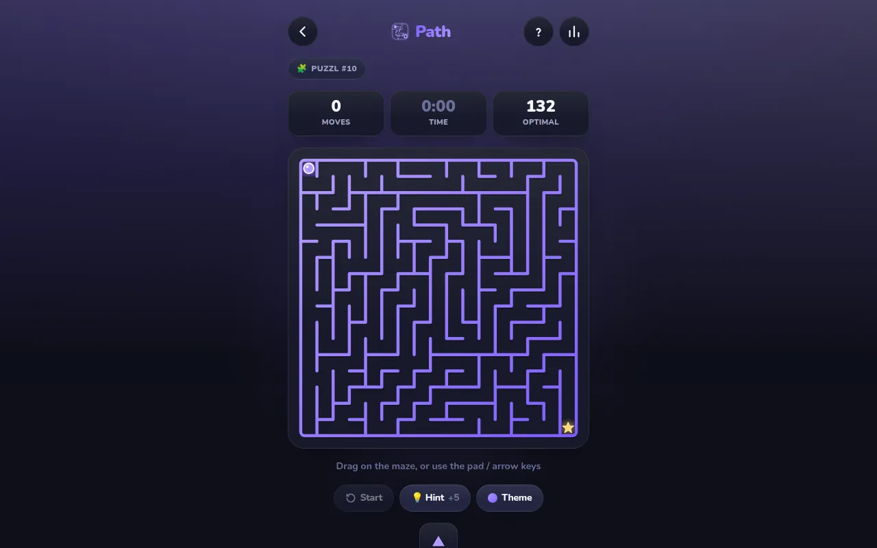Puzzl #10 Path: a purple square maze with the dot at top-left and a star at bottom-right, with moves, time and an optimal count of 132 above it