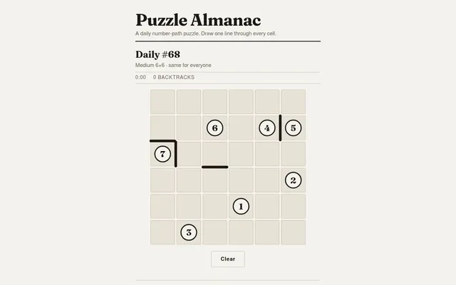 Puzzle Almanac Daily #68, a medium 6x6 grid with numbered checkpoints 1 to 7 and short walls, ready to be solved