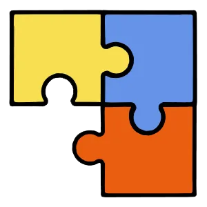 The Puzzle icon: three interlocking jigsaw pieces in yellow, blue and orange