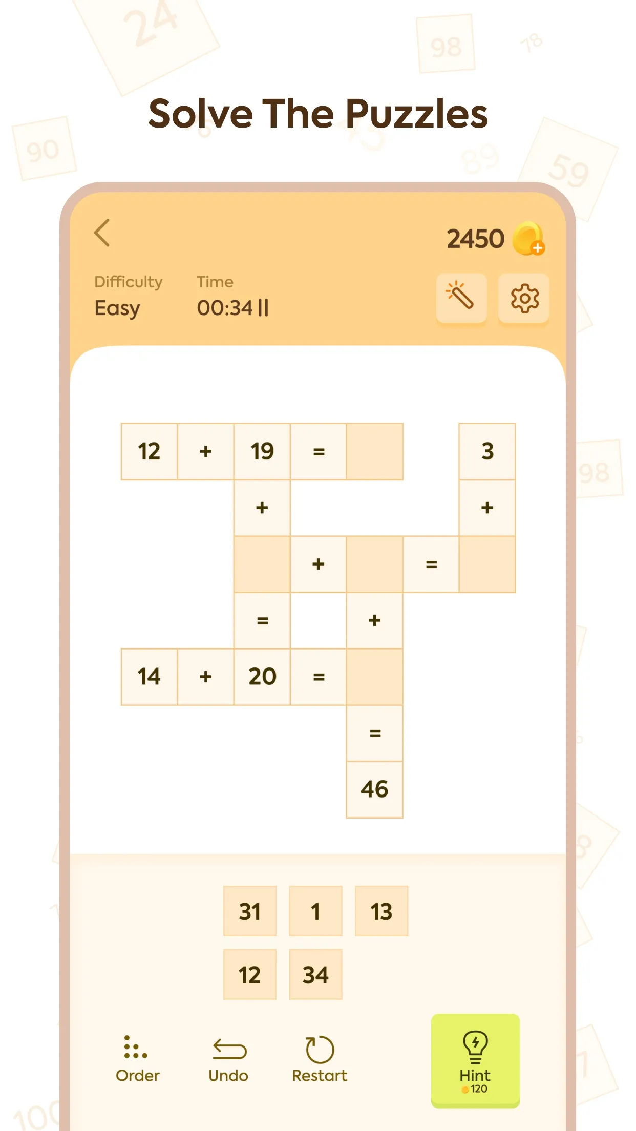 A Puzzle Math grid of crossing equations such as 12 + 19 = 31, with a tray of numbers to drag in below