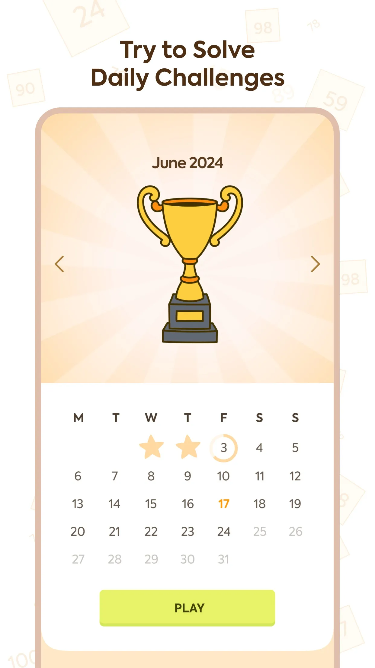 Puzzle Math's Daily Challenge calendar for June 2024 with a trophy and a Play button