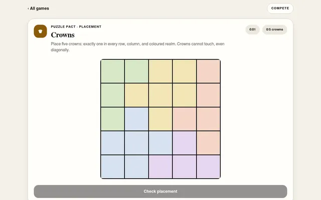 Puzzle Pact's Crowns board for 22 October 2026: a five-by-five grid of five pastel colour regions, empty and ready for five crowns, with a timer and a Check placement button