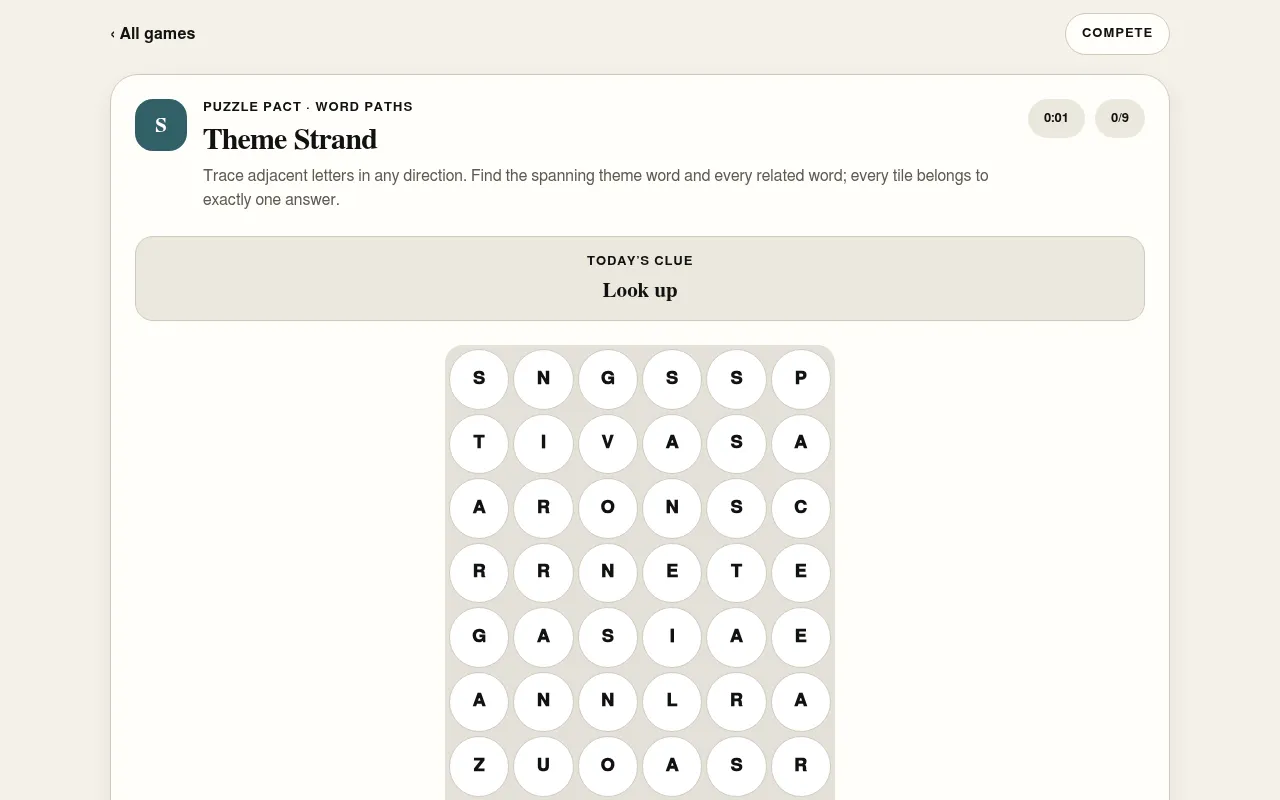 Puzzle Pact's Theme Strand for 22 October 2026: a six-column grid of letter tiles under today's clue, Look up, with nine words to find