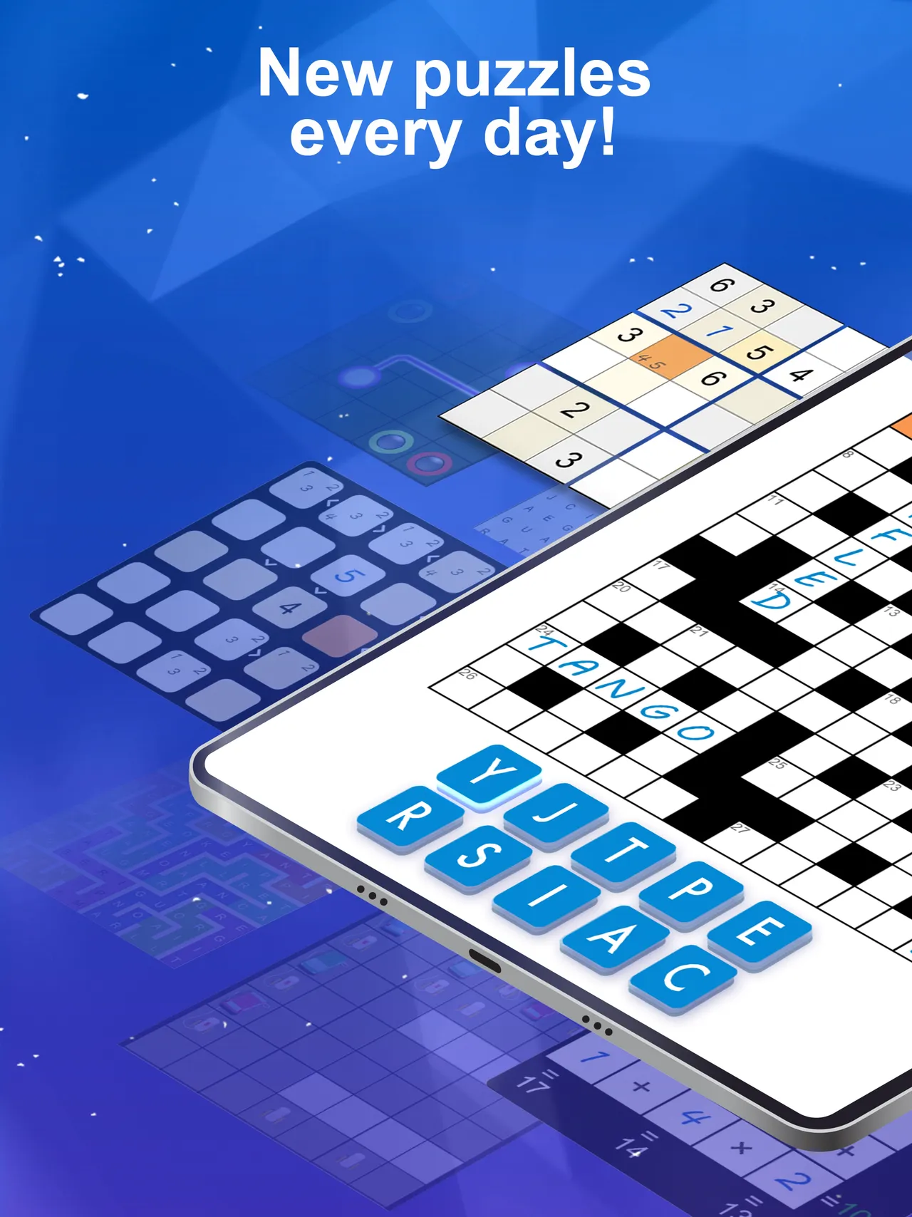 Puzzle Page on a tablet: a crossword with letter tiles, with sudoku and other grids behind it, under the words New puzzles every day