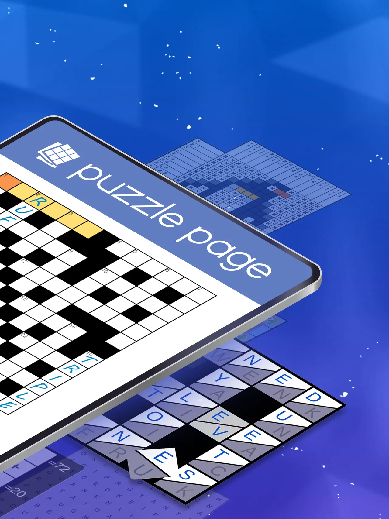 A Puzzle Page crossword on a tablet next to a triangle word puzzle