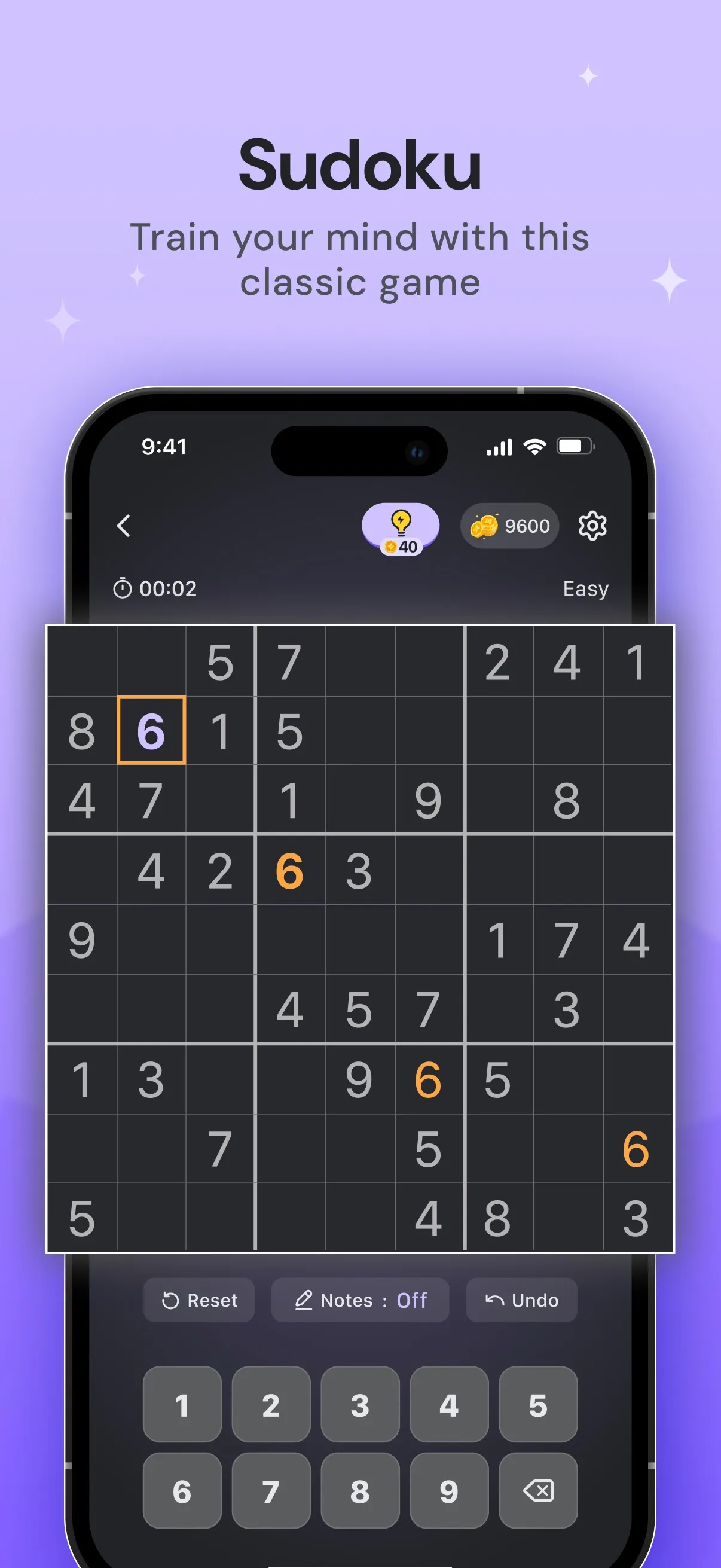 Puzzle Stack's daily Sudoku (App Store screenshot): a dark-themed 9x9 grid in progress with a number pad below