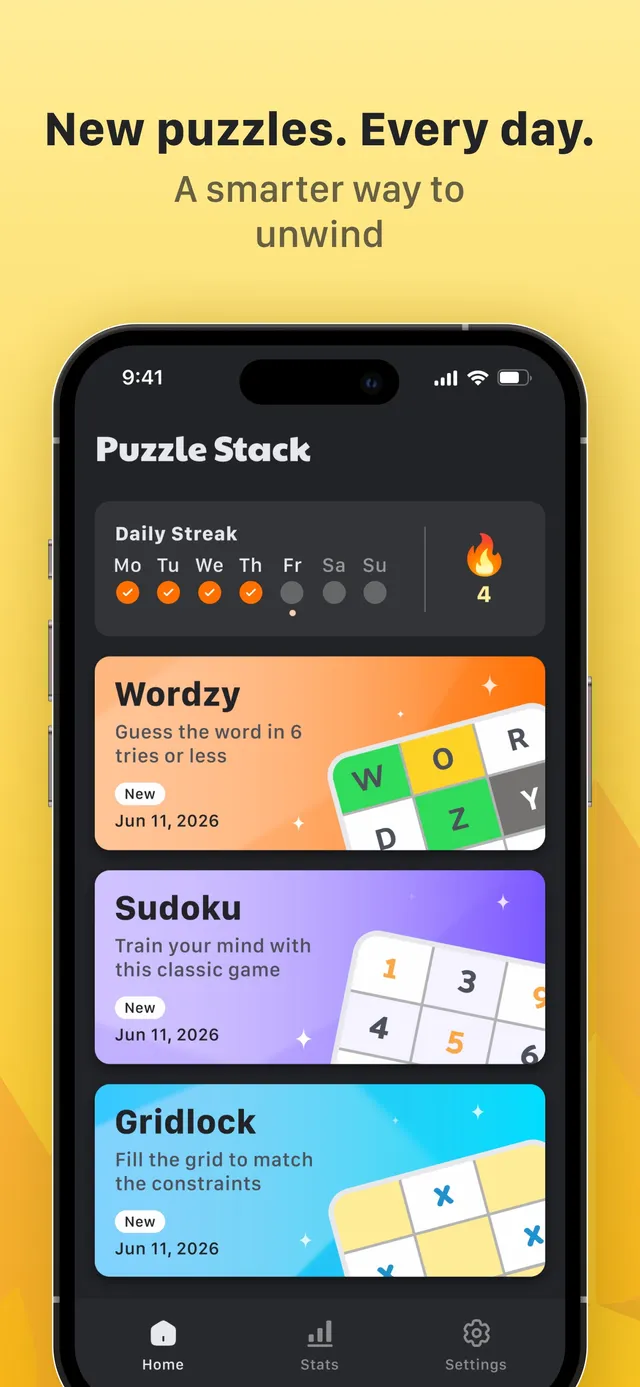 Puzzle Stack home screen: a Daily Streak of 4 days and cards for Wordzy, Sudoku and Gridlock, each marked New and dated Jun 11, 2026, under New puzzles. Every day.