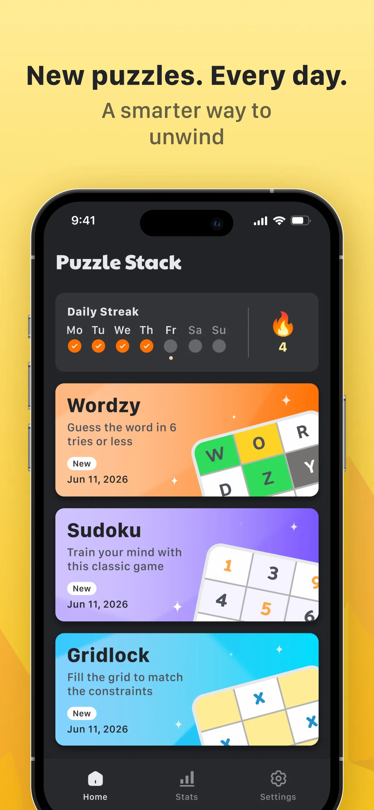 Puzzle Stack home screen: a Daily Streak of 4 days and cards for Wordzy, Sudoku and Gridlock, each marked New and dated Jun 11, 2026, under New puzzles. Every day.