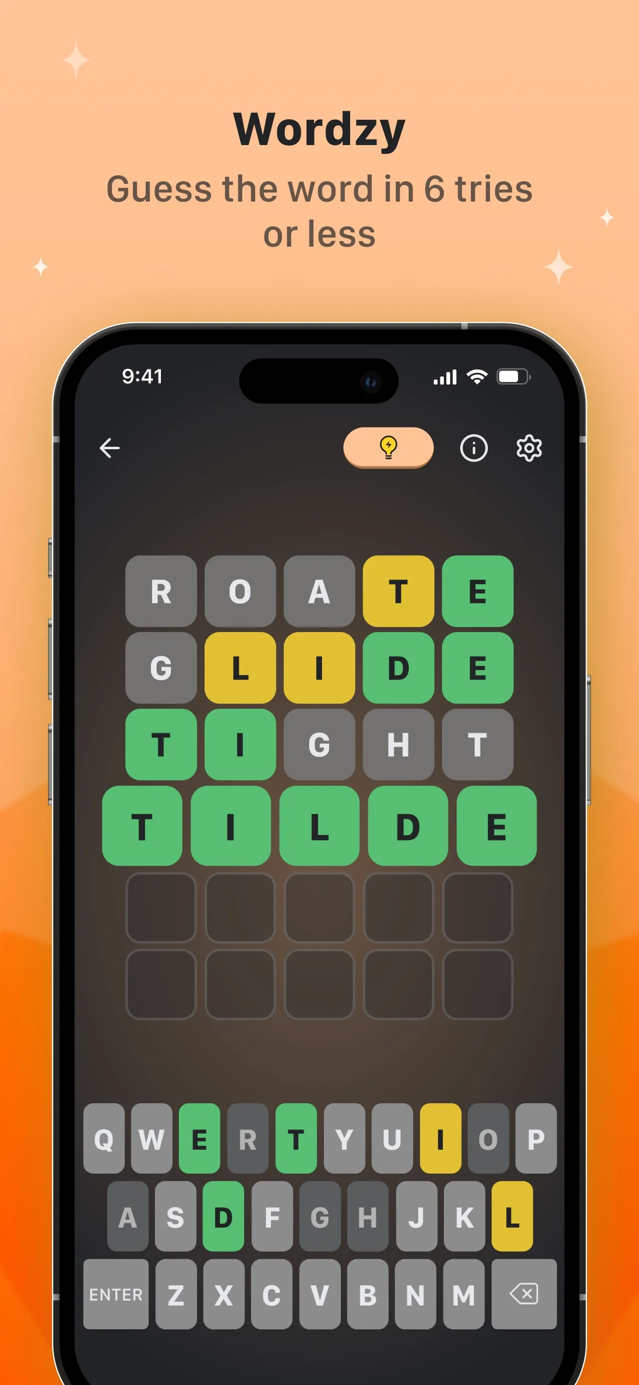 Puzzle Stack Wordzy board: the guesses ROATE, GLIDE and TIGHT coloured green, yellow and grey, then TILDE all green, above a coloured keyboard.