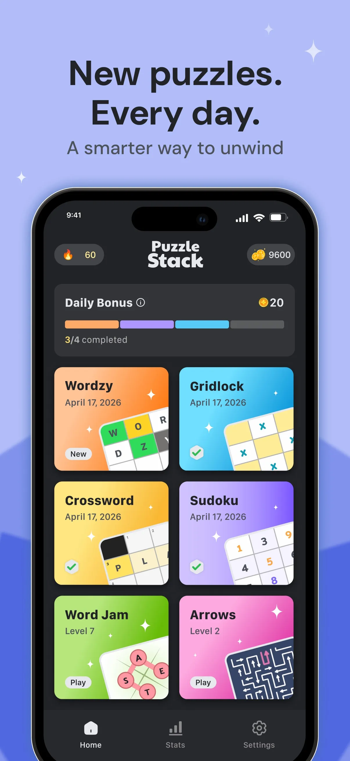 Puzzle Stack home screen (App Store screenshot): a 60-day streak, Daily Bonus 3/4, dated cards for Wordzy, Gridlock, Crossword and Sudoku, and Word Jam and Arrows levels