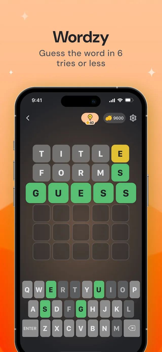 Puzzle Stack's Wordzy board (App Store screenshot): TITLE and FORMS in grey, yellow and green tiles, then GUESS all green on the third try, above a coloured keyboard