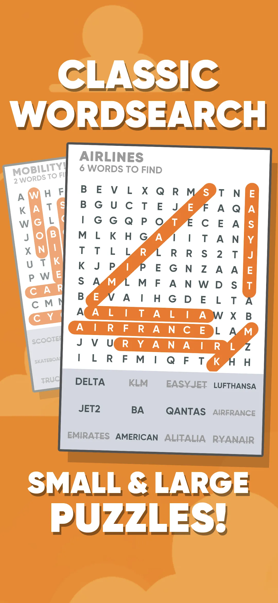 Puzzle Time store screenshot of its word search: an Airlines grid with found words such as Alitalia and Ryanair marked in orange