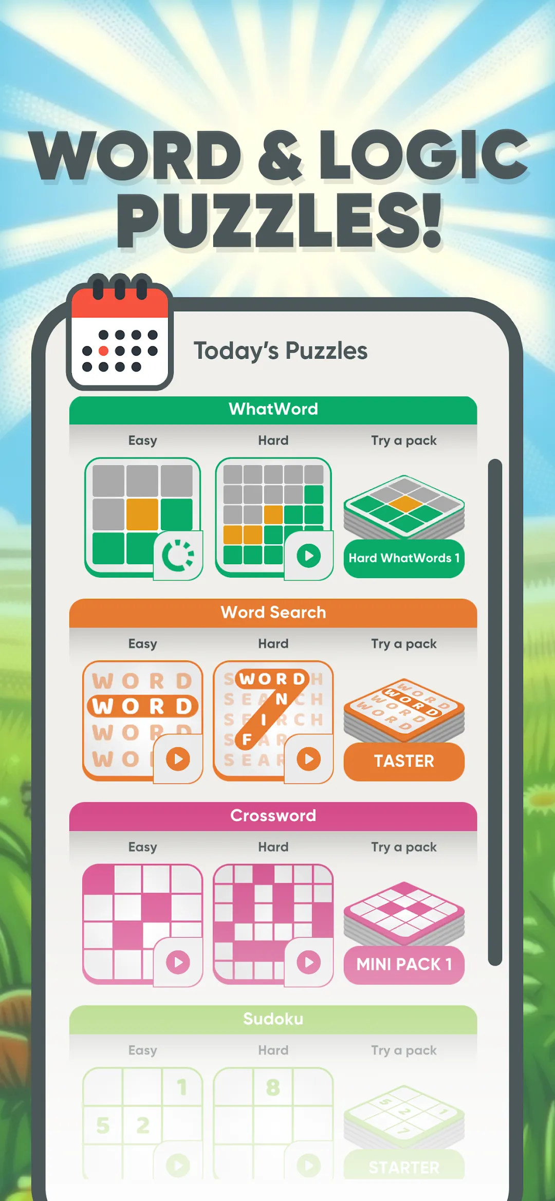 Puzzle Time store screenshot: Word and logic puzzles, the Today's Puzzles screen with easy and hard WhatWord, Word Search, Crossword and Sudoku
