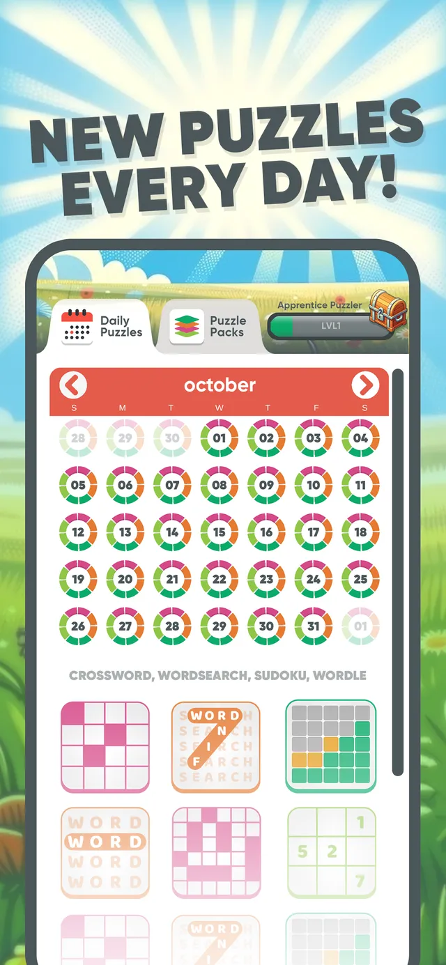 Puzzle Time store screenshot: New puzzles every day, a phone showing the October calendar of daily puzzles and the crossword, word search, sudoku and Wordle tiles