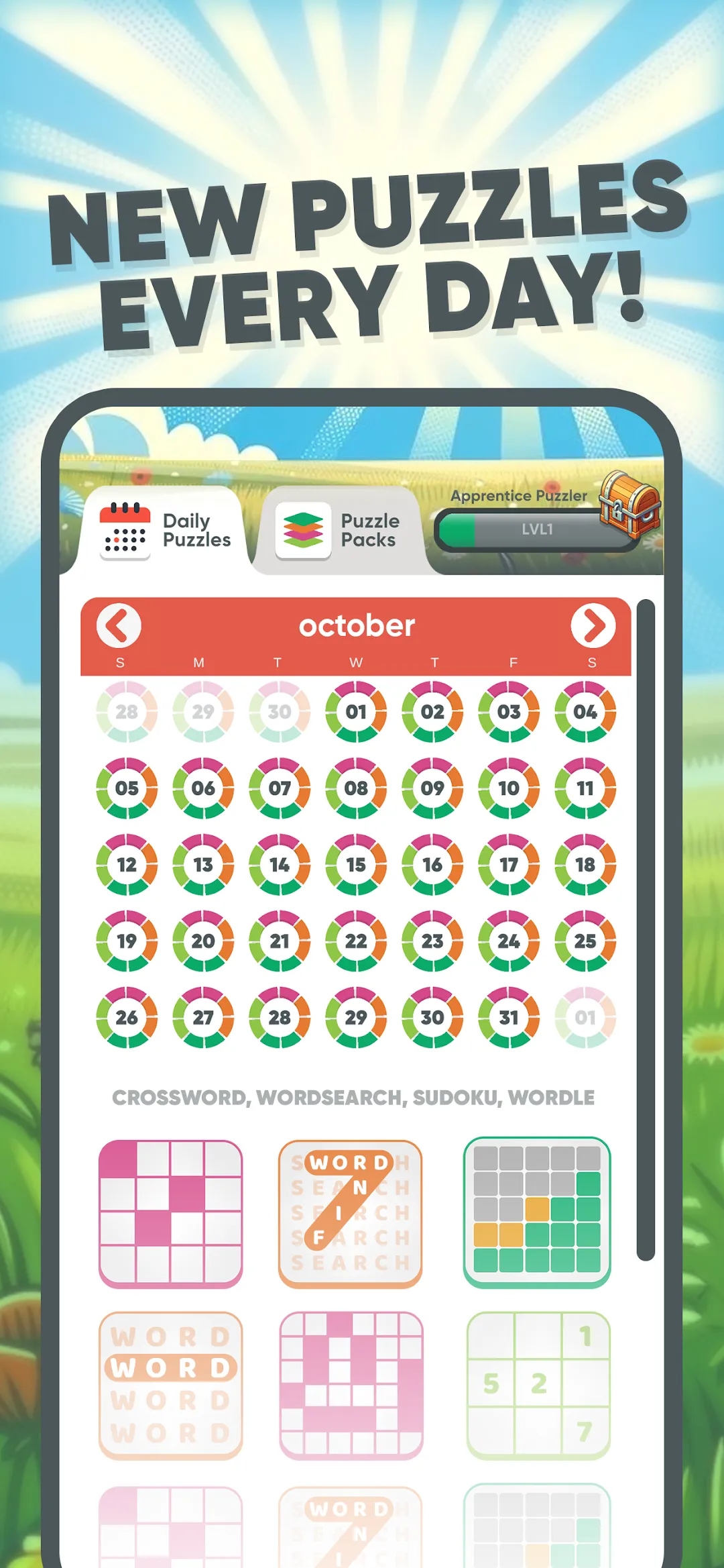 Puzzle Time store screenshot: New puzzles every day, a phone showing the October calendar of daily puzzles and the crossword, word search, sudoku and Wordle tiles