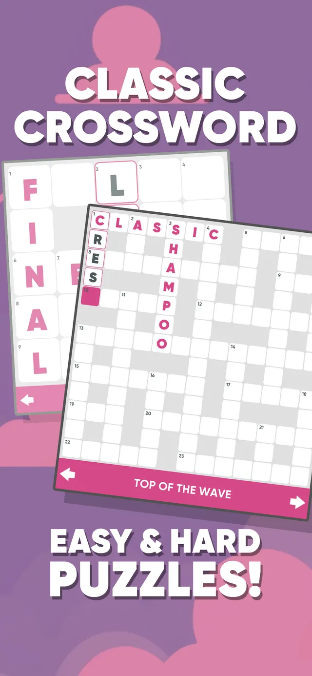 Puzzle Time store screenshot of its crossword board: a full grid being filled in, with the clue bar along the bottom and the words Easy and Hard puzzles