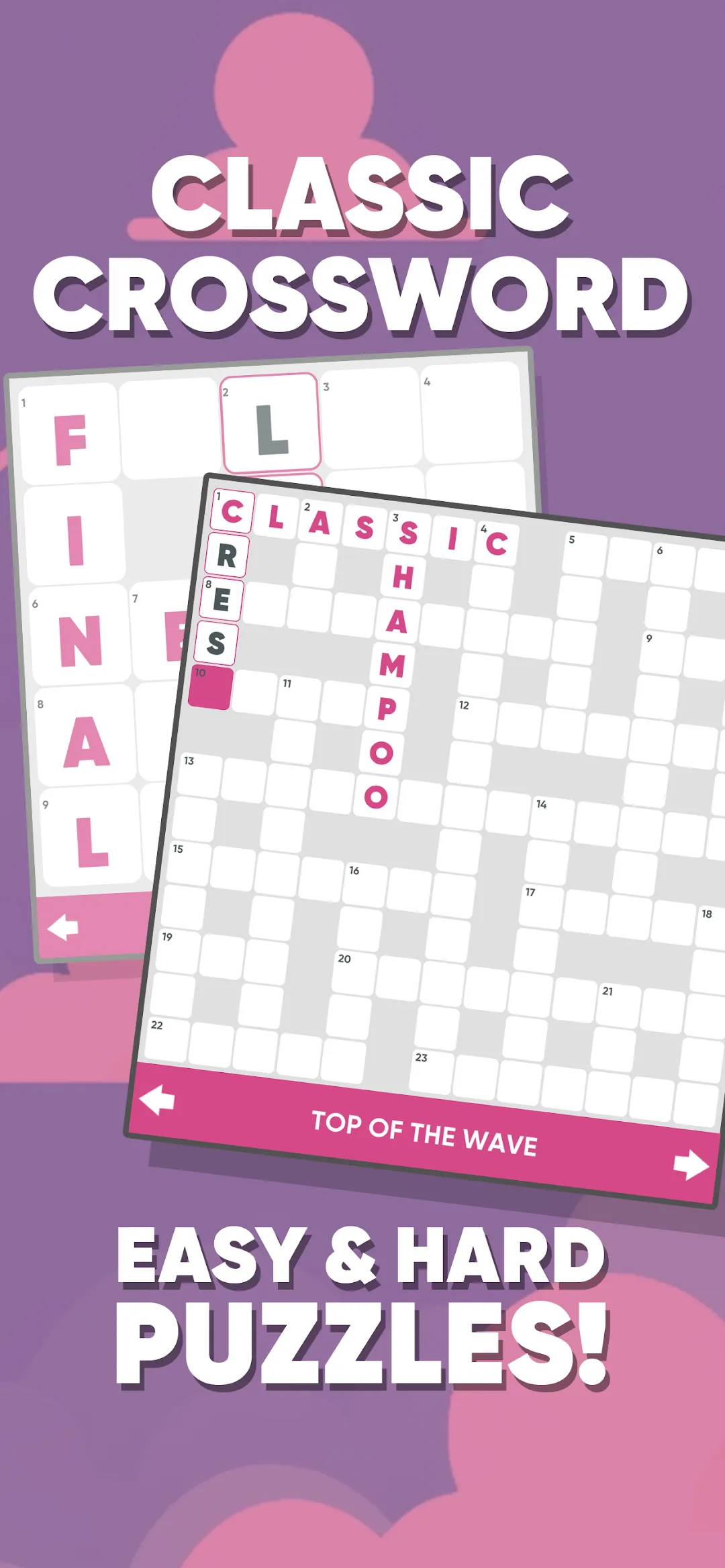 Puzzle Time store screenshot of its crossword board: a full grid being filled in, with the clue bar along the bottom and the words Easy and Hard puzzles