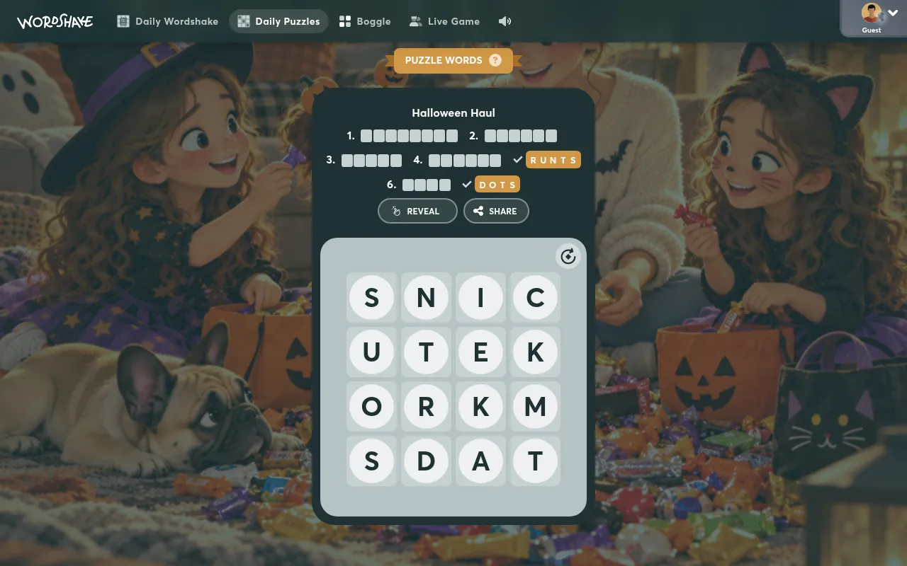 Wordshake Puzzle Words for October 30, 2026, Halloween Haul: seven rows of blanks with RUNTS and DOTS found, above a 4x4 letter grid, on an illustrated Halloween candy background