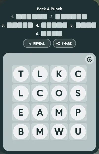 Wordshake Puzzle Words for October 7, 2026, Pack A Punch: six numbered rows of blanks for the theme words above a 4x4 letter grid, with Reveal and Share buttons