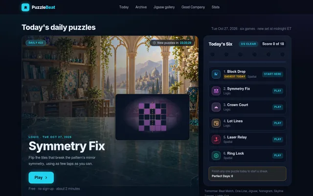 PuzzleBeat's Today page on 27 October 2026, Daily #22: Symmetry Fix featured, beside Today's Six list of Block Drop, Symmetry Fix, Crown Court, Lot Lines, Laser Relay and Ring Lock
