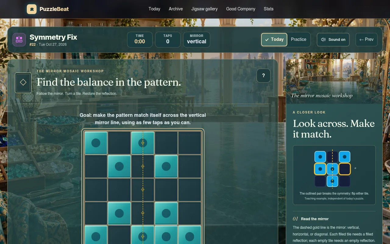 Today's Symmetry Fix board on PuzzleBeat, 27 October 2026: a 5 by 5 grid of teal tiles with a gold vertical mirror line, with a tap counter and timer above