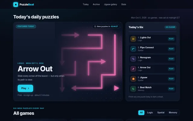 PuzzleBeat's Today page for 5 October 2026: Arrow Out featured with pink arrows on a dark board, beside the list of the day's six puzzles, Lights Out, Pipe Connect, Nonogram, Arrow Out, Jigsaw and Bea